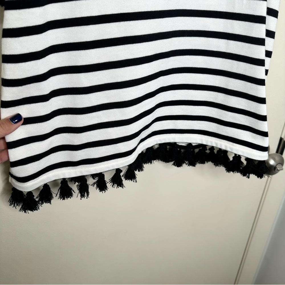 Kate Spade Black and Off White Stripe Flutter Sleeve Tassel Top - Picture 5 of 9